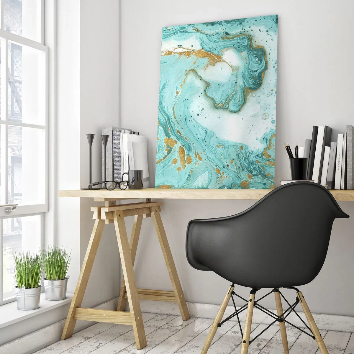 Impression sur verre - Image sur verre - Marbre turquoise avec des accents dorés dans une composition abstraite - 80x120cm - Sous la grande vague de l'ère Edo - Décoration murale moderne pour le salon et la chambre ARTTOR