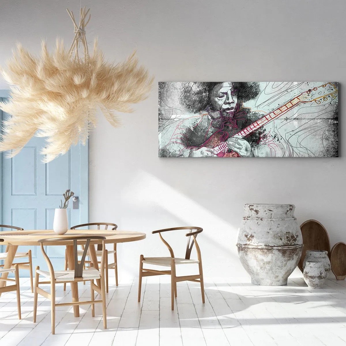 Impression sur toile - Image sur toile - Portrait artistique d'un guitariste en technique d'esquisse - 160x50cm - Sur les vagues de la musique - Décoration murale moderne pour le salon et la chambre ARTTOR