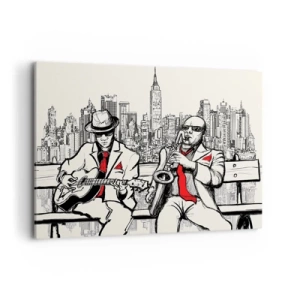 Impression sur toile - Image sur toile - Un duo de jazz avec saxophone et guitare sur fond de ville - 100x70cm - improvisation new-yorkaise - Décoration murale moderne pour le salon et la chambre ARTTOR