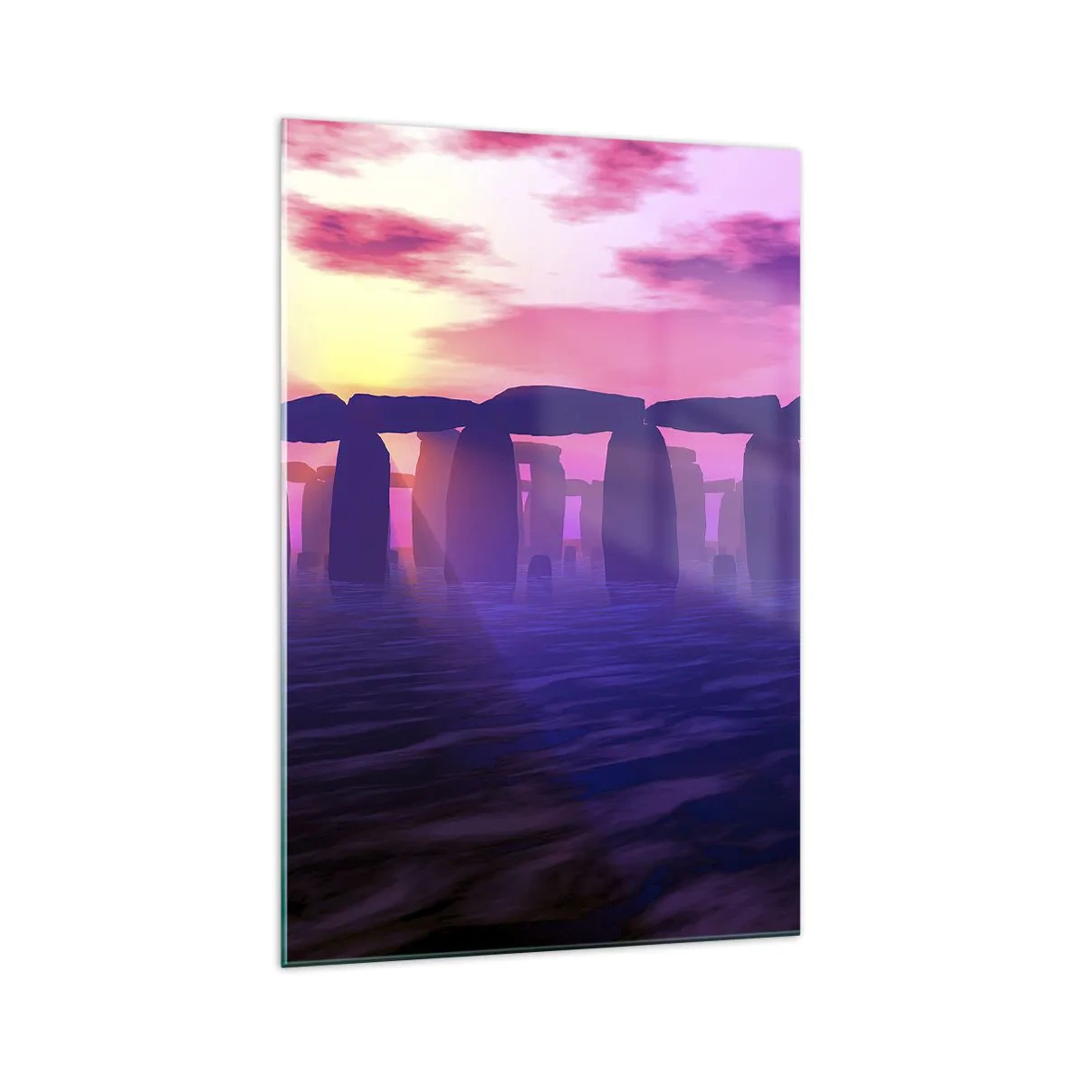 Impression sur verre - Image sur verre - Cercle de pierres au coucher du soleil avec un ciel violet - 70x100cm - Mystère à l'aube dans le brouillard - Décoration murale moderne pour le salon et la chambre ARTTOR