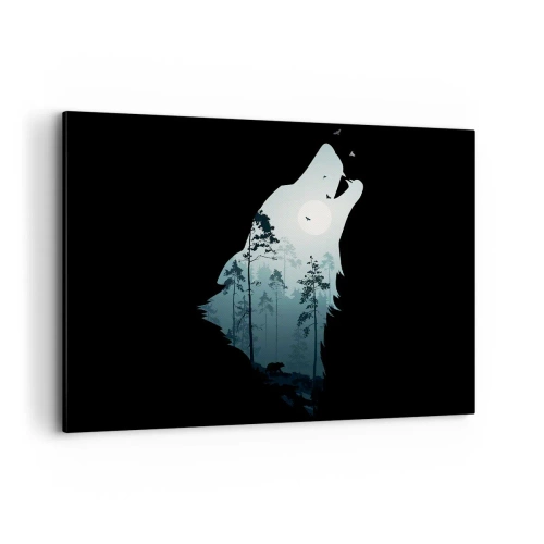 Impression sur toile - Image sur toile - Silhouette d'un loup avec une forêt et la lune en arrière-plan - 100x70cm - La voix de nuit de la forêt - Décoration murale moderne pour le salon et la chambre ARTTOR
