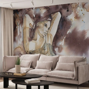 Papier Peint Photo Premium Canvas - Femme dans un style aquarelle artistique sur fond marron - 100x70cm - D'humeur lilas - Décoration murale moderne pour le salon et la chambre ARTTOR