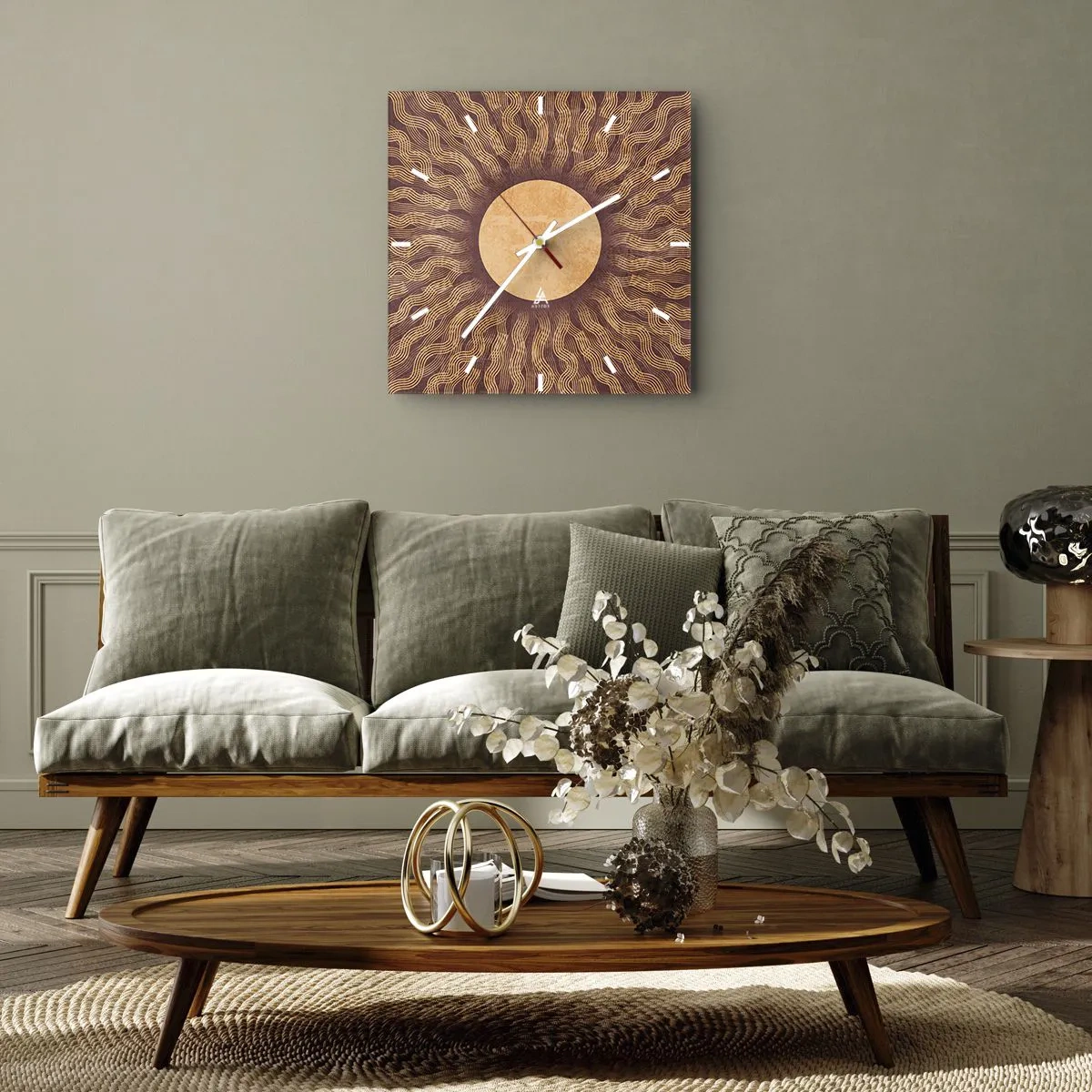 Horloge murale - Pendule murale - Motif ensoleillé avec des rayons sur un fond dans les tons marron - 30x30cm - Icône du soleil - Décoration murale moderne pour le salon et la chambre ARTTOR