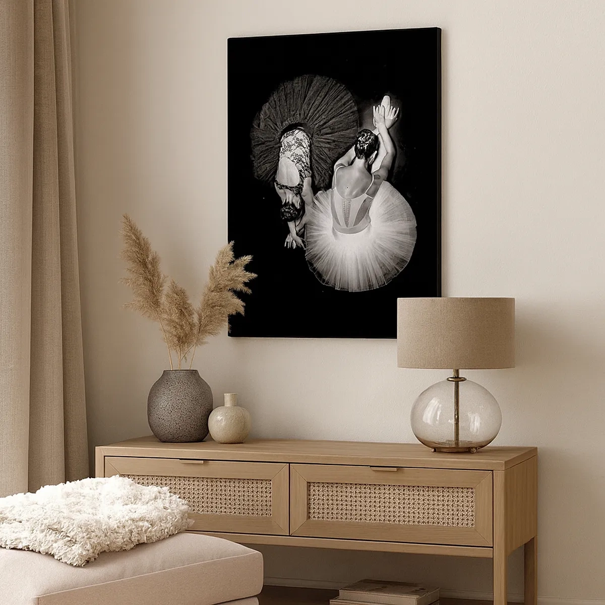 Impression sur toile - Image sur toile - Une image en noir et blanc de deux ballerines dans une pose dynamique. - 50x70cm - Jin et jang – équilibre idéal - Décoration murale moderne pour le salon et la chambre ARTTOR