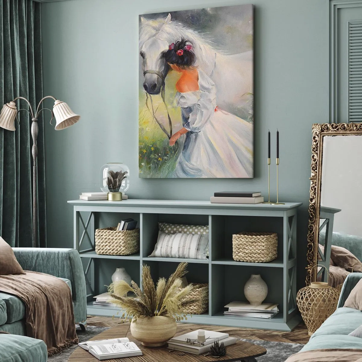 Impression sur toile - Image sur toile - Une femme avec un cheval blanc dans un cadre pittoresque - 80x120cm - Comme dans un beau rêve - Décoration murale moderne pour le salon et la chambre ARTTOR