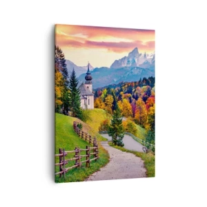 Impression sur toile - Image sur toile - Paysage de montagne d'automne avec une chapelle et un coucher de soleil - 50x70cm - Paysage comme peind - Décoration murale moderne pour le salon et la chambre ARTTOR