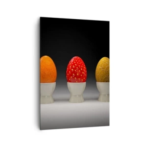 Impression sur toile - Image sur toile - Œufs colorés ressemblant à des fruits sur un fond sombre - 70x100cm - Petit-déjeuner fruité - Décoration murale moderne pour le salon et la chambre ARTTOR
