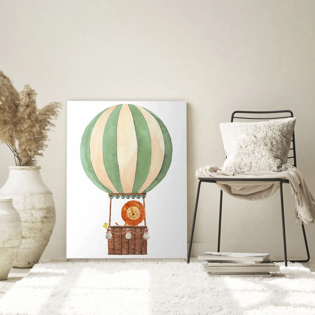 Impression sur verre - Image sur verre - Un ballon avec un lion souriant dans un panier aux couleurs pastel - 70x100cm - Les voyages de Léon - Décoration murale moderne pour le salon et la chambre ARTTOR