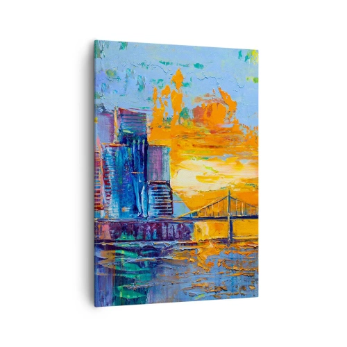 Impression sur toile - Image sur toile - Une ville colorée avec un pont au soleil couchant - 70x100cm - Culture et nature - Décoration murale moderne pour le salon et la chambre ARTTOR