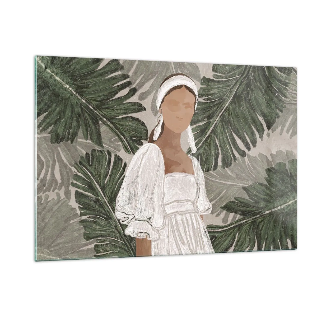Impression sur verre - Image sur verre - Une femme en robe blanche sur fond de feuilles tropicales vertes. - 120x80cm - Portrait exotique - Décoration murale moderne pour le salon et la chambre ARTTOR