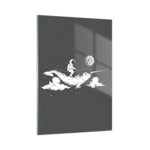Impression sur verre - Image sur verre - Un astronaute chevauchant un narval dans un décor spatial - 50x70cm - Cavalier de l'espace - Décoration murale moderne pour le salon et la chambre ARTTOR