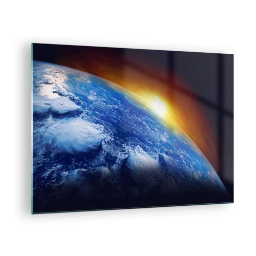 Impression sur verre - Image sur verre - La Terre dans l'espace illuminée par les rayons du soleil - 70x50cm - Lever de soleil sur la planète bleue - Décoration murale moderne pour le salon et la chambre ARTTOR