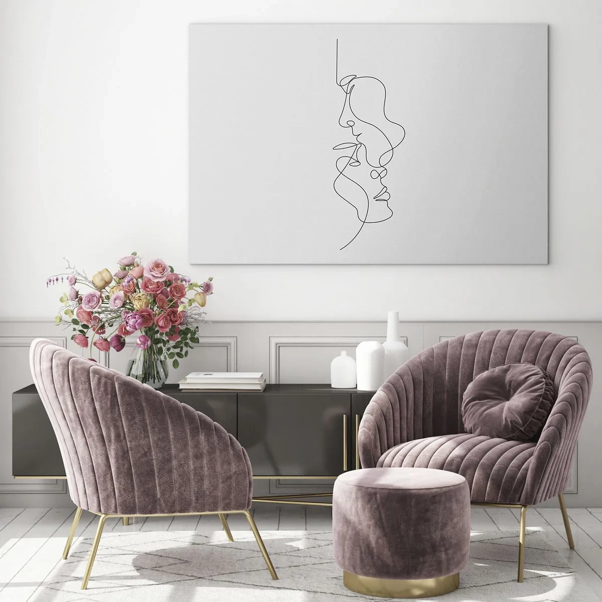 Impression sur verre - Image sur verre - Un dessin délicat de deux visages dans un seul contour - 100x70cm - Chaleur de désir renaissant - Décoration murale moderne pour le salon et la chambre ARTTOR