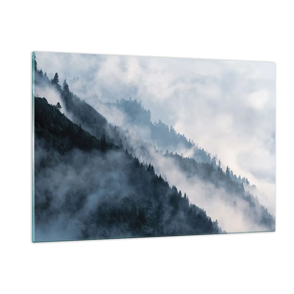 Impression sur verre - Image sur verre - Panorama de montagne brumeux avec une forêt sombre - 120x80cm - Mysticisme des montagnes - Décoration murale moderne pour le salon et la chambre ARTTOR