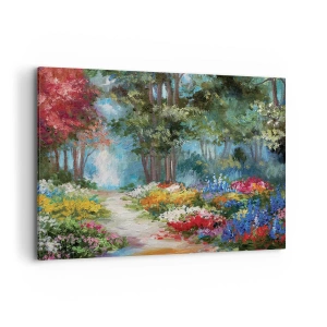Impression sur toile - Image sur toile - Un jardin pittoresque rempli de fleurs et d'arbres colorés dans un cadre forestier - 100x70cm - Jardin forestier, forêt de fleurs - Décoration murale moderne pour le salon et la chambre ARTTOR