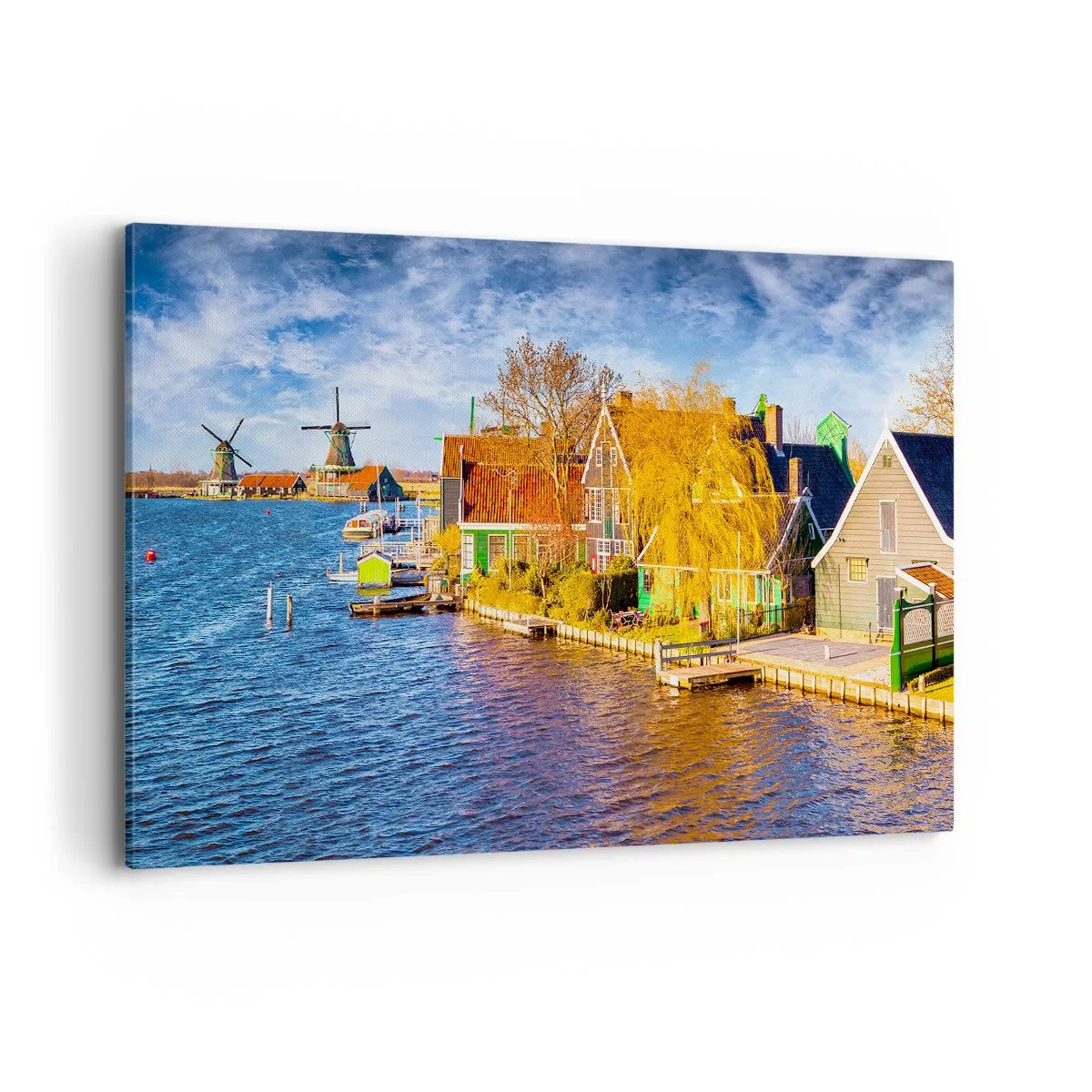 Impression sur toile - Image sur toile - Maisons pittoresques et moulins à vent au bord de l'eau - 120x80cm - C'est pareil depuis des lustres - Décoration murale moderne pour le salon et la chambre ARTTOR