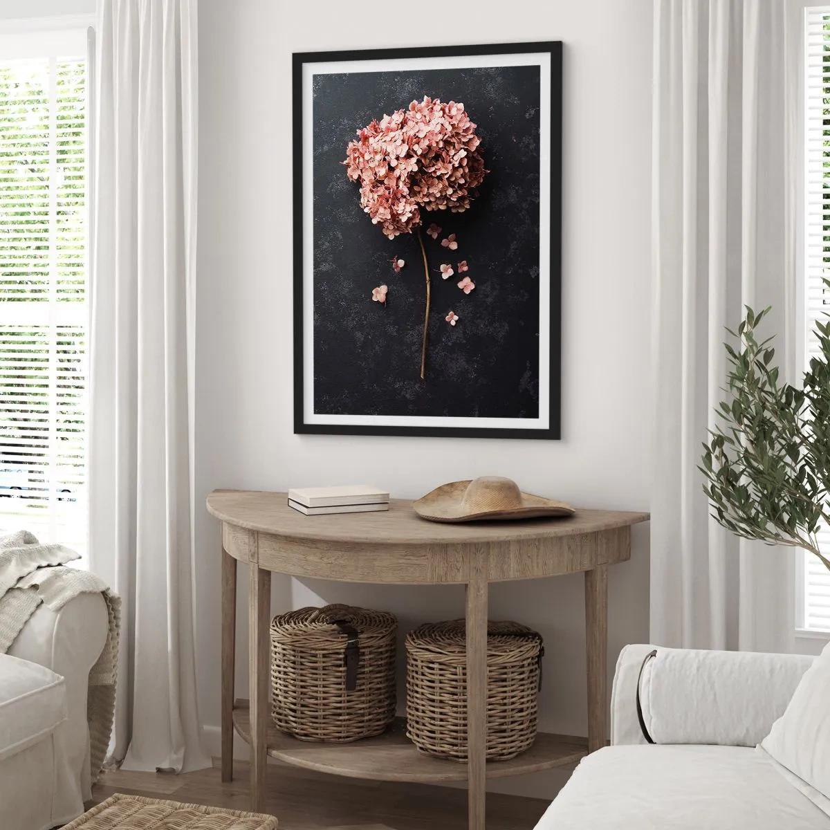 Affiche dans un cadre noir - Poster - Hortensia séché sur fond noir - 50x70cm - Un signe vraiment romantique - Décoration murale moderne pour le salon et la chambre ARTTOR