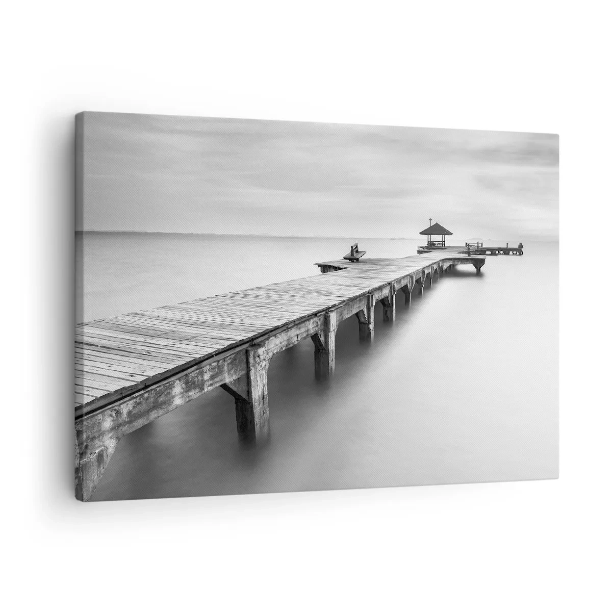 Impression sur toile - Image sur toile - Une vue en noir et blanc d'une jetée en bois sur une eau calme. - 70x50cm - À l'horizon - Décoration murale moderne pour le salon et la chambre ARTTOR