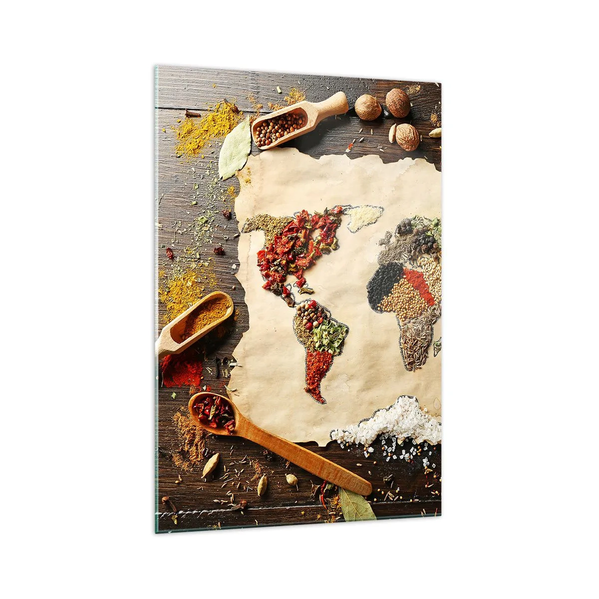 Impression sur verre - Image sur verre - Une carte du monde faite d'épices sur un fond en bois. - 70x100cm - Toutes les saveurs du monde - Décoration murale moderne pour le salon et la chambre ARTTOR
