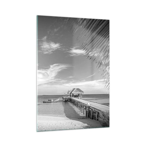 Impression sur verre - Image sur verre - Photographie en noir et blanc d'une plage tropicale avec une jetée - 50x70cm - Souvenirs ou rêve? - Décoration murale moderne pour le salon et la chambre ARTTOR