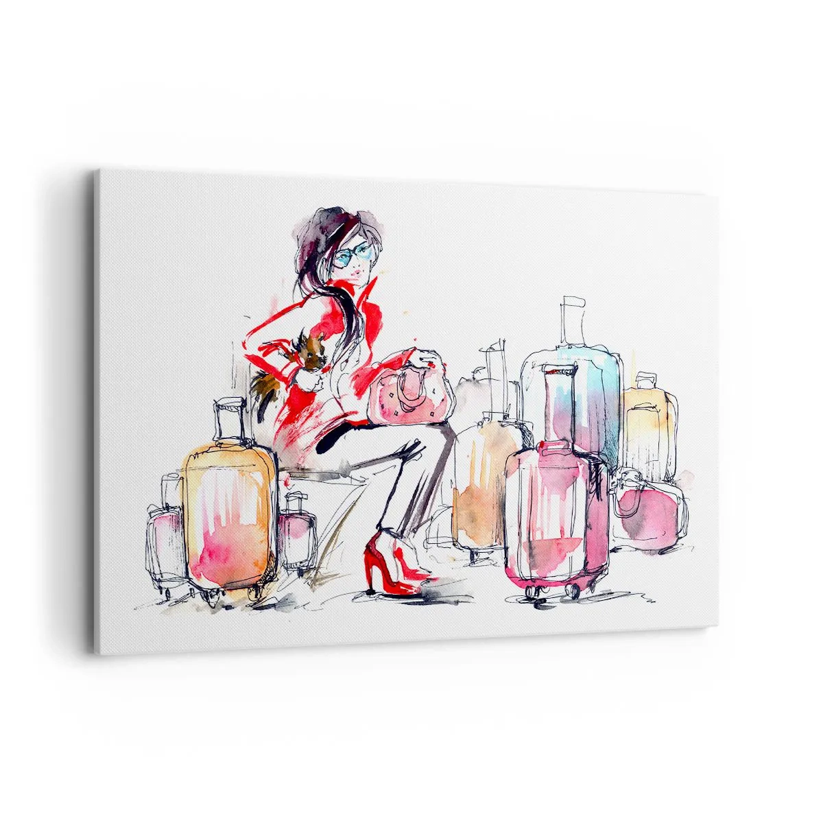 Impression sur toile - Image sur toile - Une femme avec des valises dans une illustration aquarelle dynamique - 120x80cm - Asseyons-nous avant le voyage - Décoration murale moderne pour le salon et la chambre ARTTOR