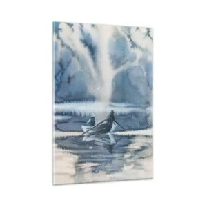 Impression sur verre - Image sur verre - Paysage à l'aquarelle avec des bateaux sur un lac entouré d'une forêt brumeuse - 80x120cm - Les pêcheurs dans leur paradis - Décoration murale moderne pour le salon et la chambre ARTTOR