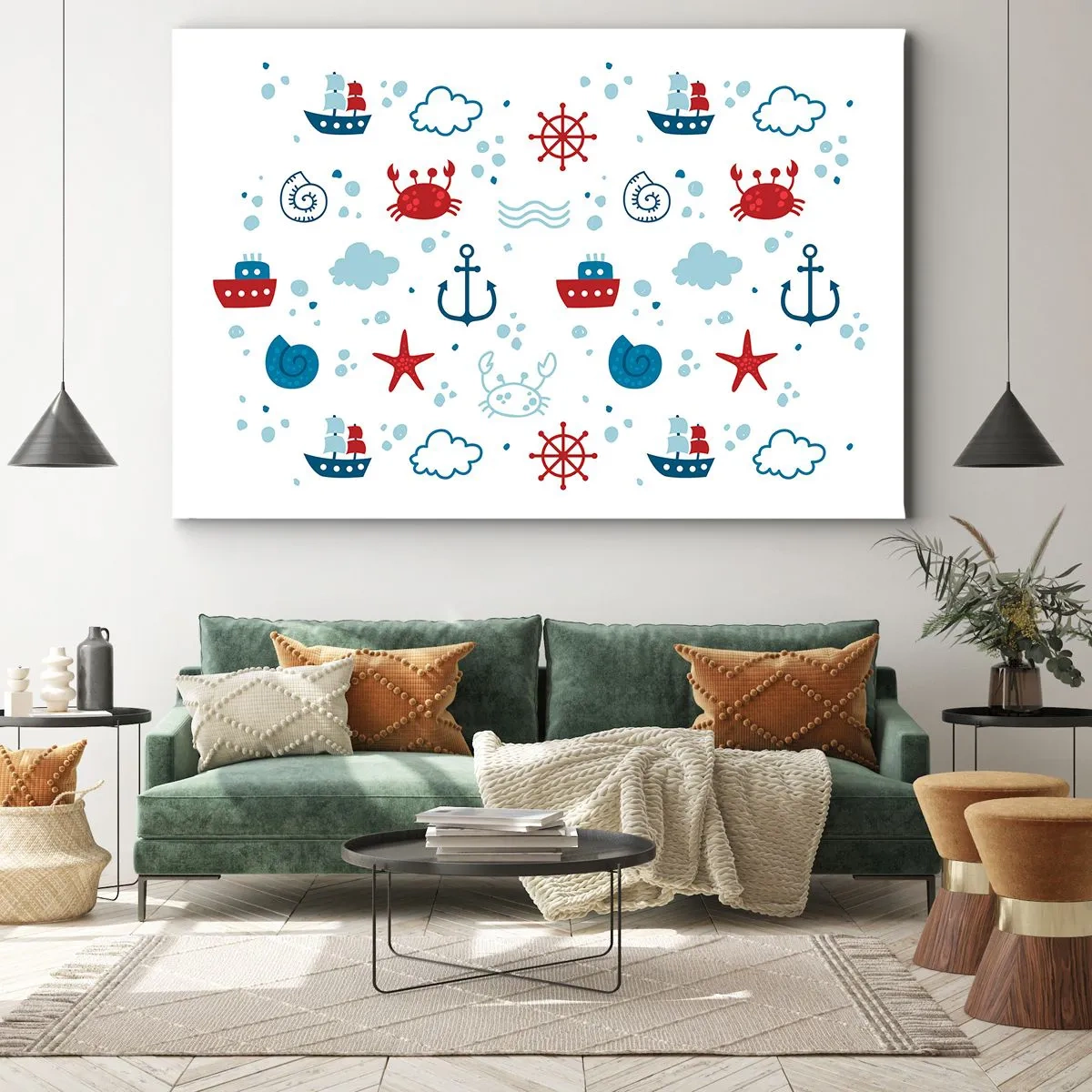 Impression sur toile - Image sur toile - Motif nautique avec ancres, navires et crabes - 100x70cm - Conte de fées de la mer - Décoration murale moderne pour le salon et la chambre ARTTOR
