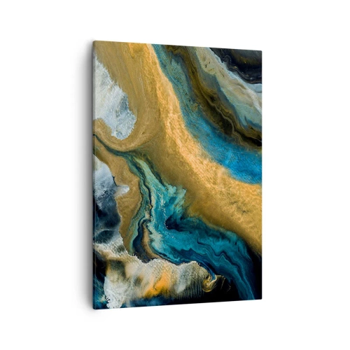 Impression sur toile - Image sur toile - Vagues abstraites dans des tons d'or et de bleu - 50x70cm - Bleu - jaune - influences mutuelles - Décoration murale moderne pour le salon et la chambre ARTTOR