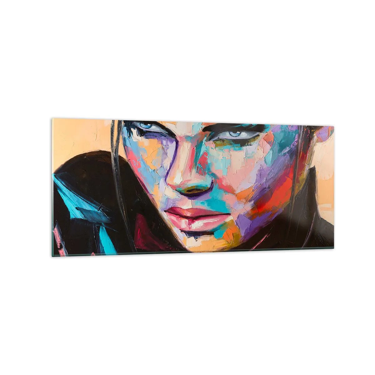 Impression sur verre - Image sur verre - Portrait d'une femme aux couleurs abstraites vives - 120x50cm - Le coeur sauvageon - Décoration murale moderne pour le salon et la chambre ARTTOR