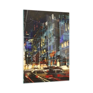 Impression sur verre - Image sur verre - Rue de la ville le soir avec des néons et de la circulation - 50x70cm - L'agitation de la rue en soirée - Décoration murale moderne pour le salon et la chambre ARTTOR