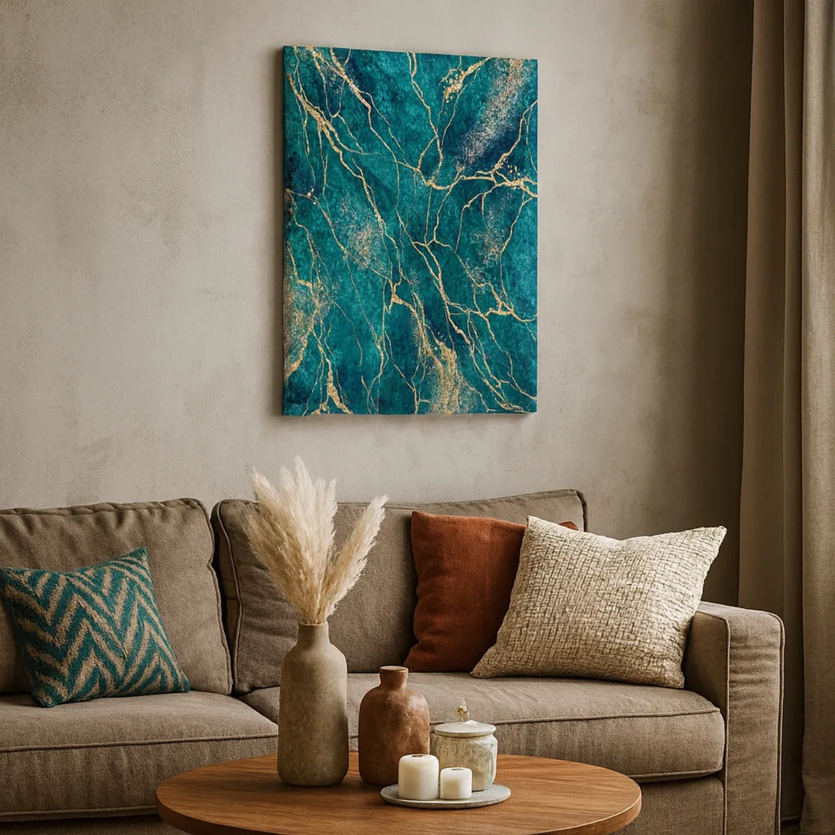 Impression sur toile - Image sur toile - Motif de marbre texturé dans des tons turquoise et or - 50x70cm - Mine d'or - Décoration murale moderne pour le salon et la chambre ARTTOR