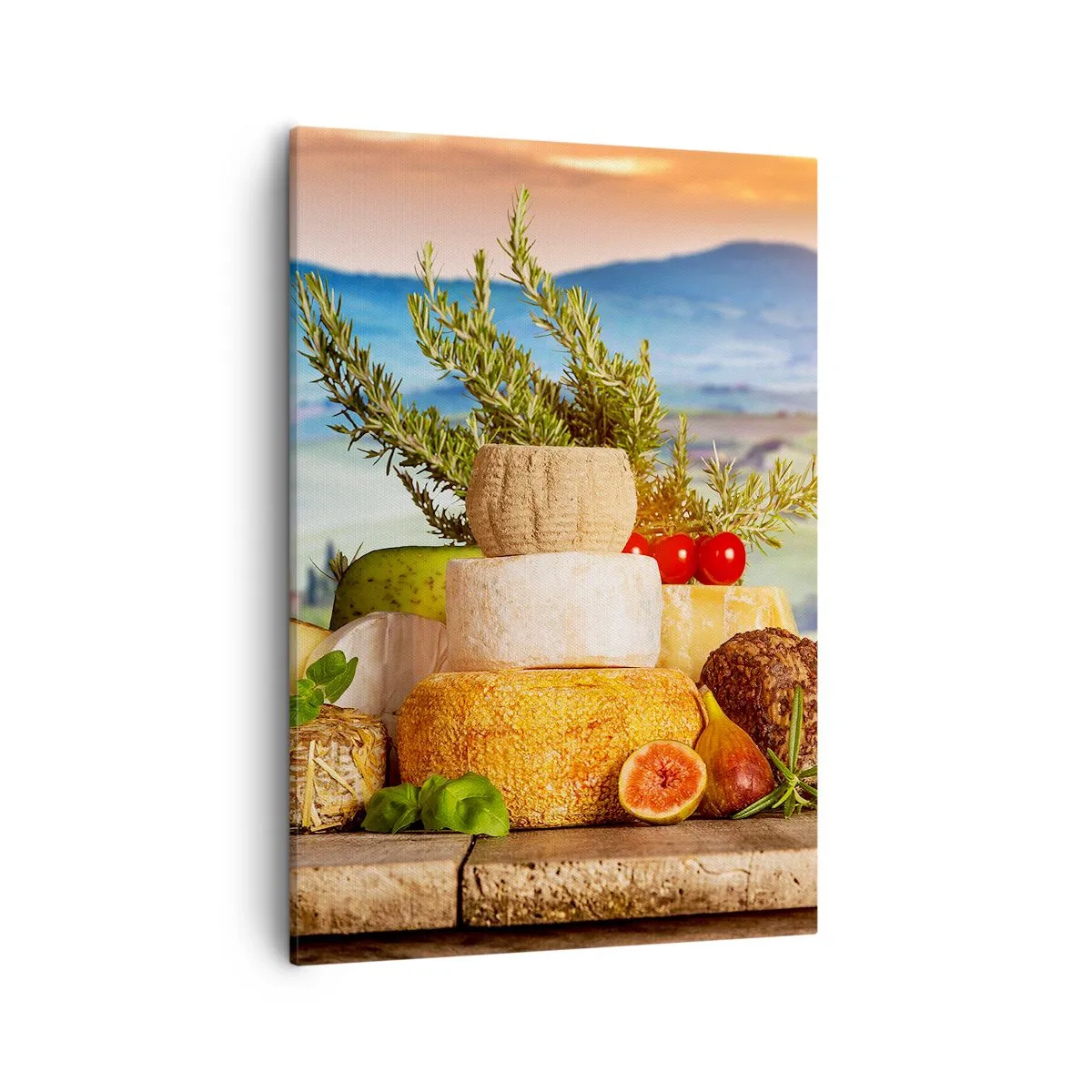 Impression sur toile - Image sur toile - Une composition de fromages et de fruits sur fond de paysage toscan - 50x70cm - La joie de vivre à l'italienne - Décoration murale moderne pour le salon et la chambre ARTTOR