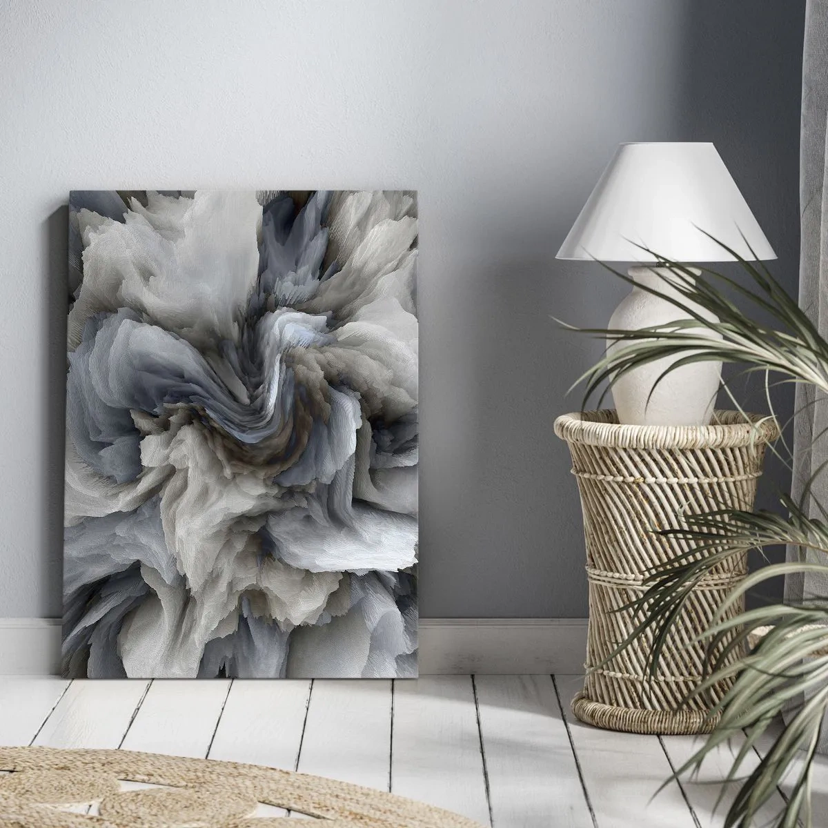 Impression sur toile - Image sur toile - Tourbillon abstrait dans les tons de gris et de bleu - 70x100cm - Pierre et fleur - Décoration murale moderne pour le salon et la chambre ARTTOR