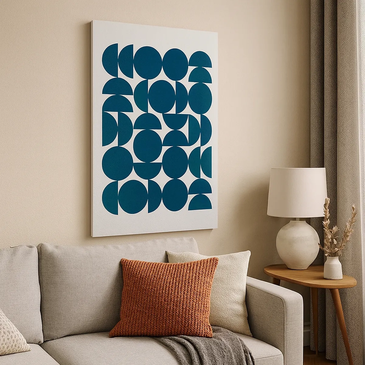 Impression sur toile - Image sur toile - Formes géométriques dans des tons bleu marine sur fond blanc - 50x70cm - Cercles et demi-cercles - Décoration murale moderne pour le salon et la chambre ARTTOR