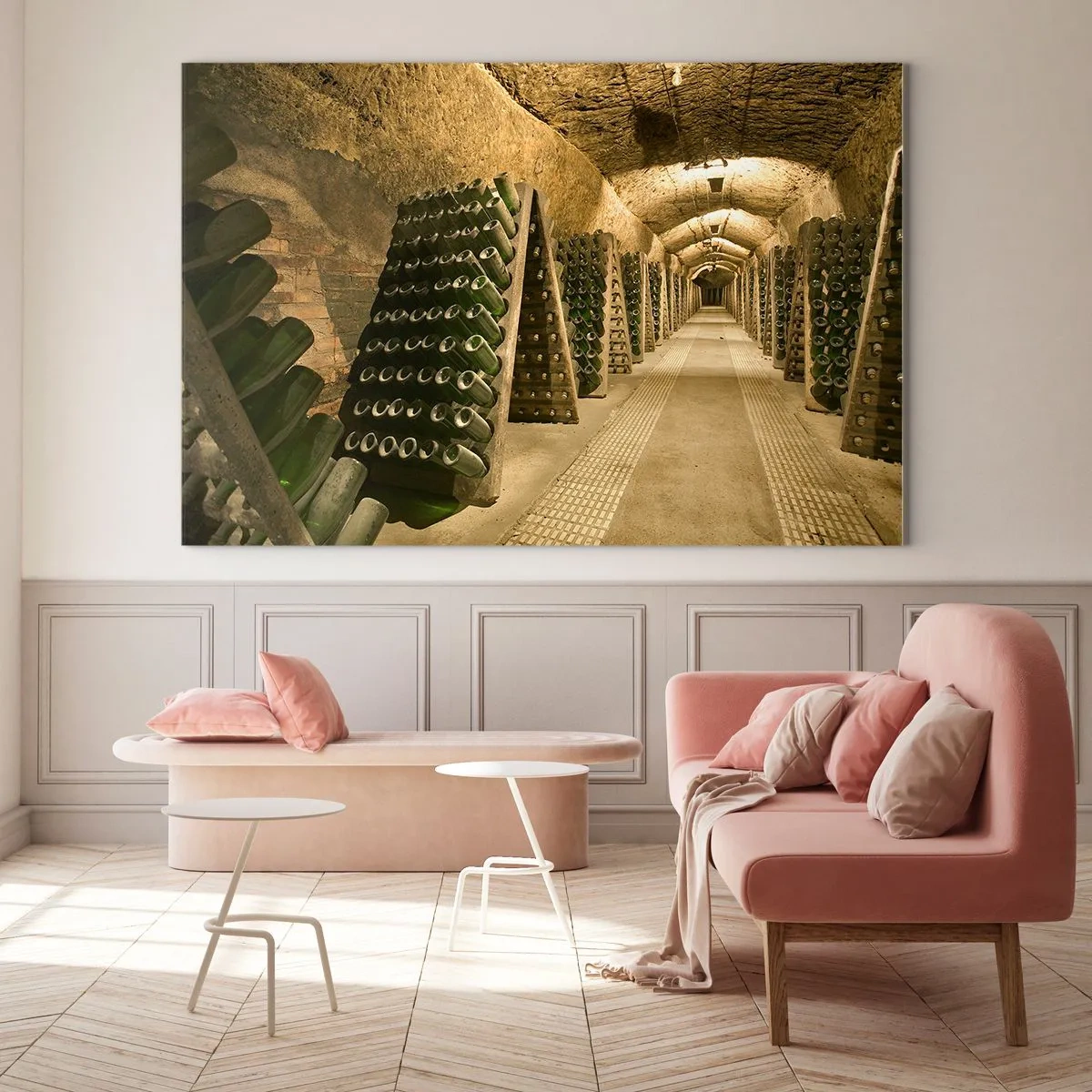 Impression sur verre - Image sur verre - Une cave avec des bouteilles de vin vieillissant en rangées - 70x50cm - L'éveil du goût - Décoration murale moderne pour le salon et la chambre ARTTOR