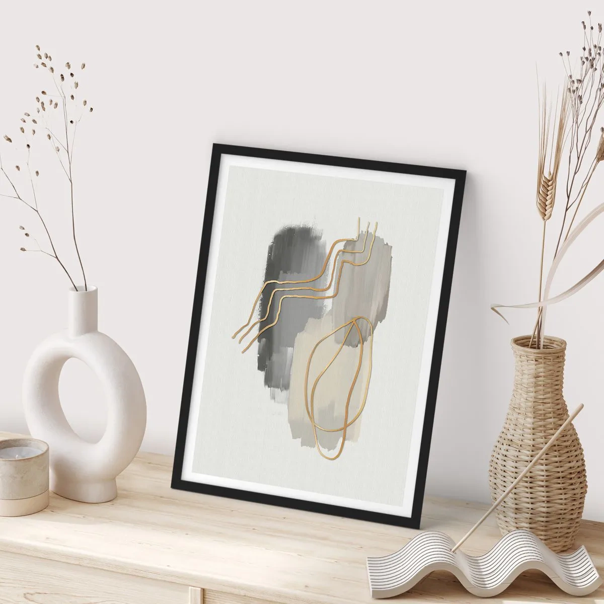 Affiche dans un cadre noir - Poster - Composition abstraite avec des lignes et des taches de peinture - 50x70cm - Durée et mouvement - Décoration murale moderne pour le salon et la chambre ARTTOR