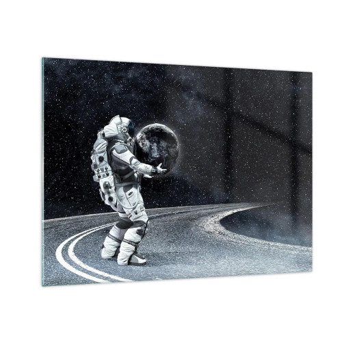 Impression sur verre - Image sur verre - Un astronaute transportant la Terre sur son chemin à travers l'univers - 70x50cm - Sur la Voie Lactée - Décoration murale moderne pour le salon et la chambre ARTTOR
