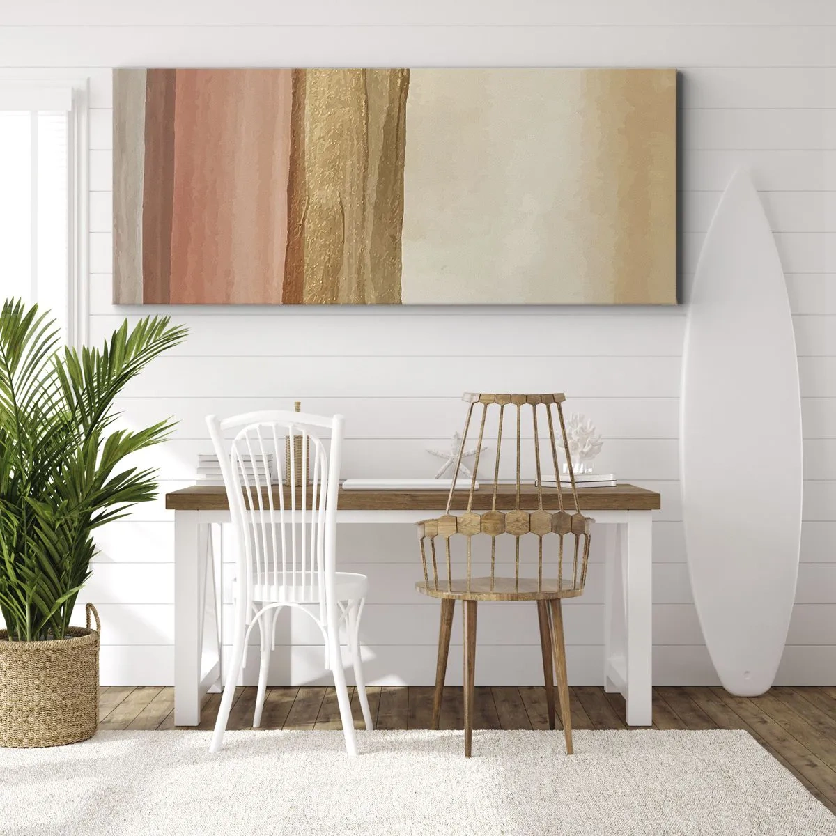 Impression sur toile - Image sur toile - Rayures abstraites dans les tons beige, or et rose sur toile - 160x50cm - Composition verticale - Décoration murale moderne pour le salon et la chambre ARTTOR