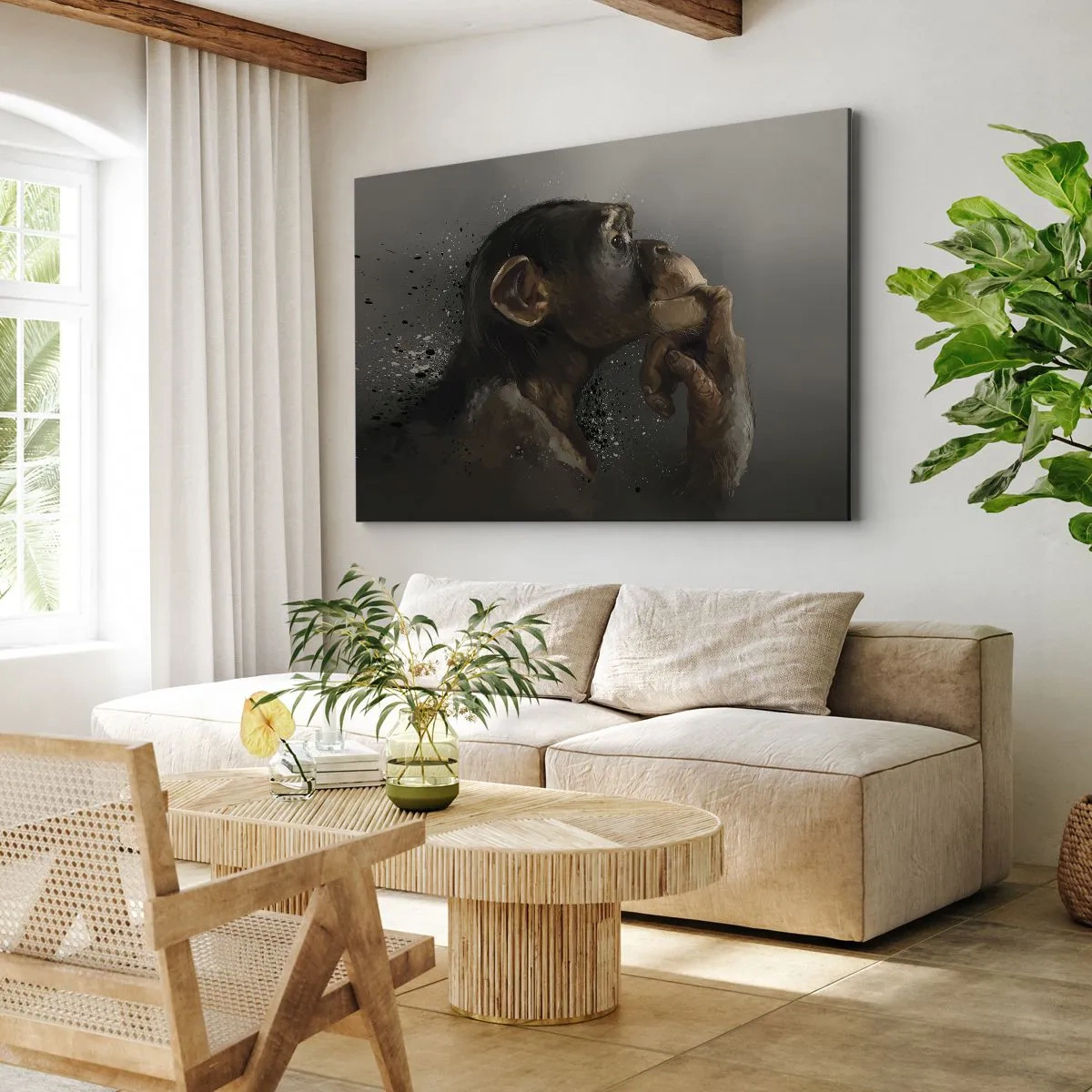 Impression sur toile - Image sur toile - Portrait d'un singe dans une pose réfléchissante sur fond gris - 120x80cm - Certainement un penseur - Décoration murale moderne pour le salon et la chambre ARTTOR