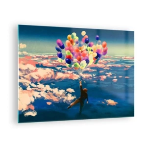 Impression sur verre - Image sur verre - Une silhouette portée dans les airs par des ballons colorés - 70x50cm - Un rêve d'enfant devenu réalité - Décoration murale moderne pour le salon et la chambre ARTTOR