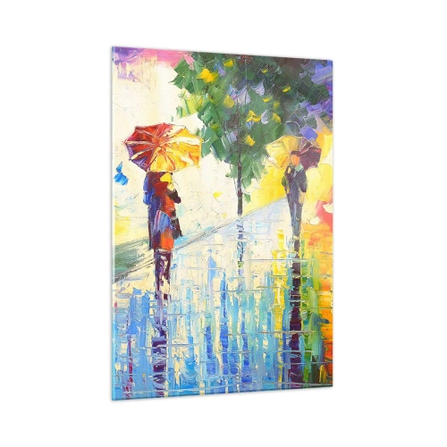 Impression sur verre - Image sur verre - Une promenade colorée sous la pluie avec un parapluie impressionniste - 50x70cm - Et tout est clair - Décoration murale moderne pour le salon et la chambre ARTTOR