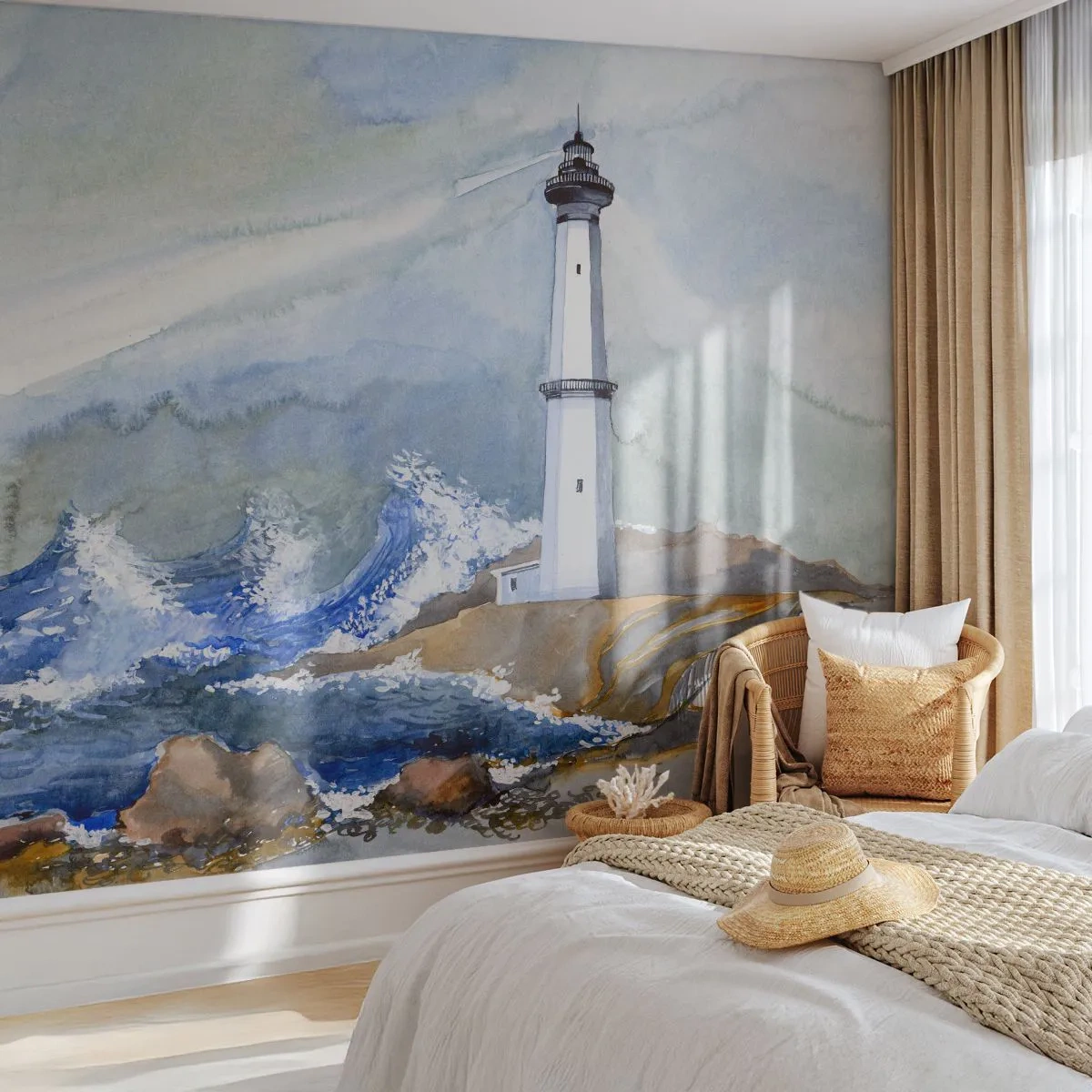 Papier Peint Photo Premium Canvas - Contre l'obscurité et la tempête - Phare, Paysage, Océan - 200x140 cm