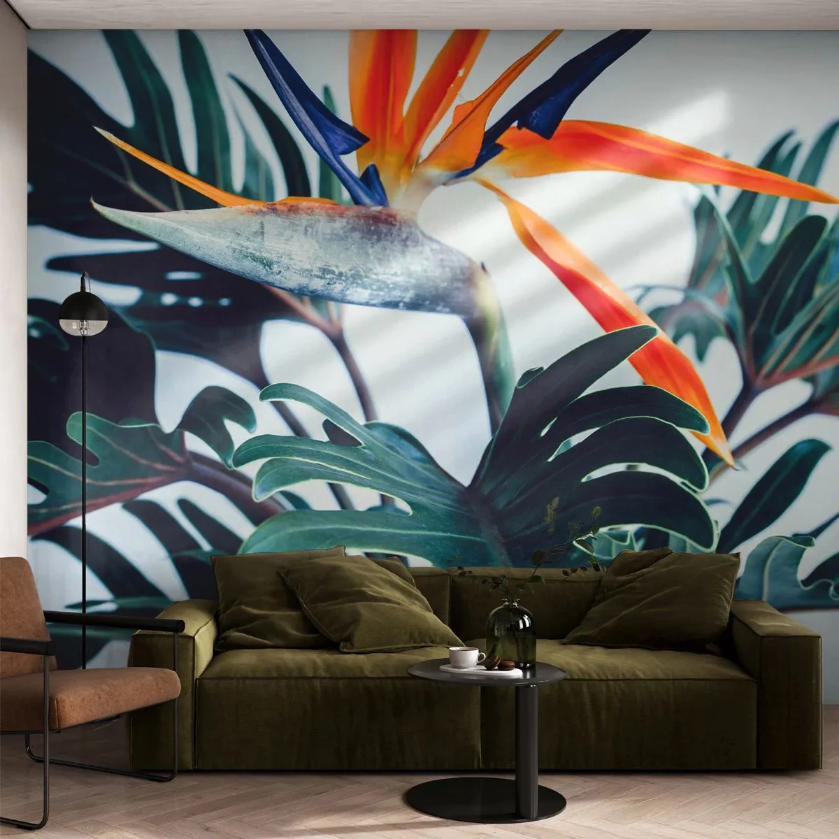 Papier Peint Photo Premium Sand - Fleur de strelitzia exotique parmi des feuilles sombres - 100x70cm - Le buisson oiseaux - Décoration murale moderne pour le salon et la chambre ARTTOR