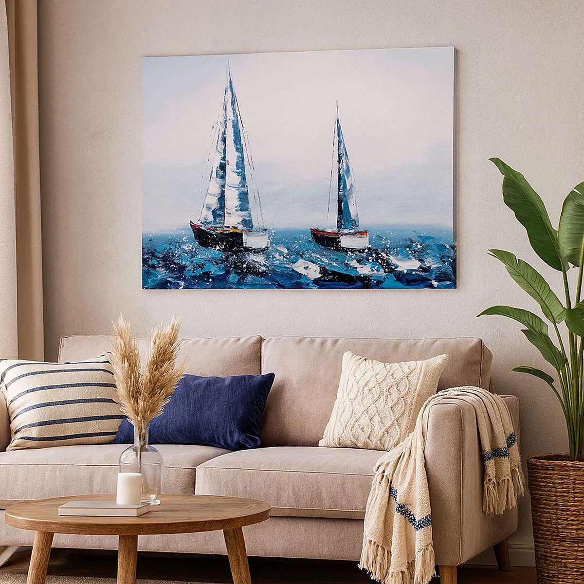 Impression sur toile - Image sur toile - Voiliers sur une mer agitée dans une composition picturale - 70x50cm - Confrérie du vent - Décoration murale moderne pour le salon et la chambre ARTTOR