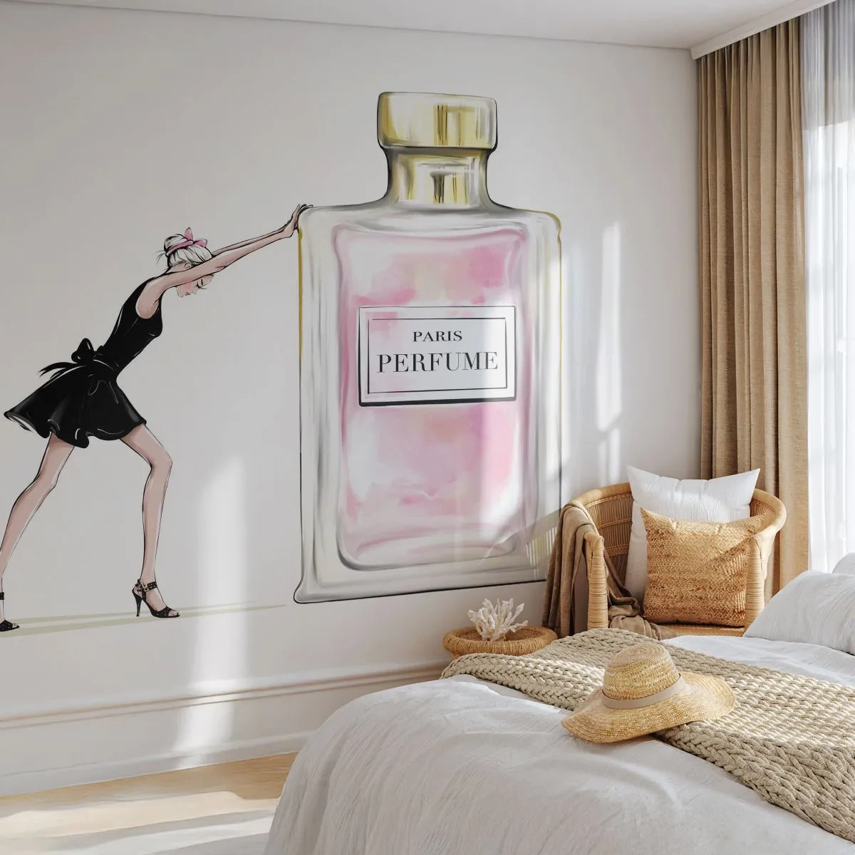Papier Peint Photo Premium Sand - Illustration d'une femme en robe noire et un flacon de parfum - 100x70cm - L'essence des femmes - Décoration murale moderne pour le salon et la chambre ARTTOR