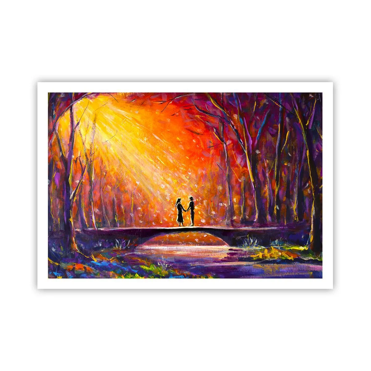 Affiche - Poster - Couple romantique sur un pont dans la forêt d'automne - 100x70cm - Le ciel les aime aussi - Décoration murale moderne pour le salon et la chambre ARTTOR