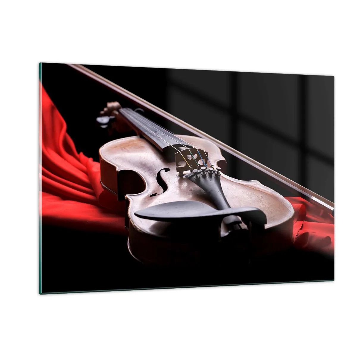 Impression sur verre - Image sur verre - Violon sur tissu rouge sur fond noir - 120x80cm - Musique des sentiments - Décoration murale moderne pour le salon et la chambre ARTTOR