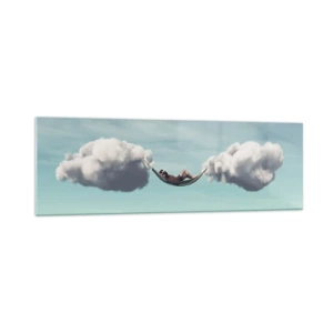 Impression sur verre - Image sur verre - Une personne se détendant dans un hamac suspendu dans les nuages - 160x50cm - Instant de bonheur - Décoration murale moderne pour le salon et la chambre ARTTOR