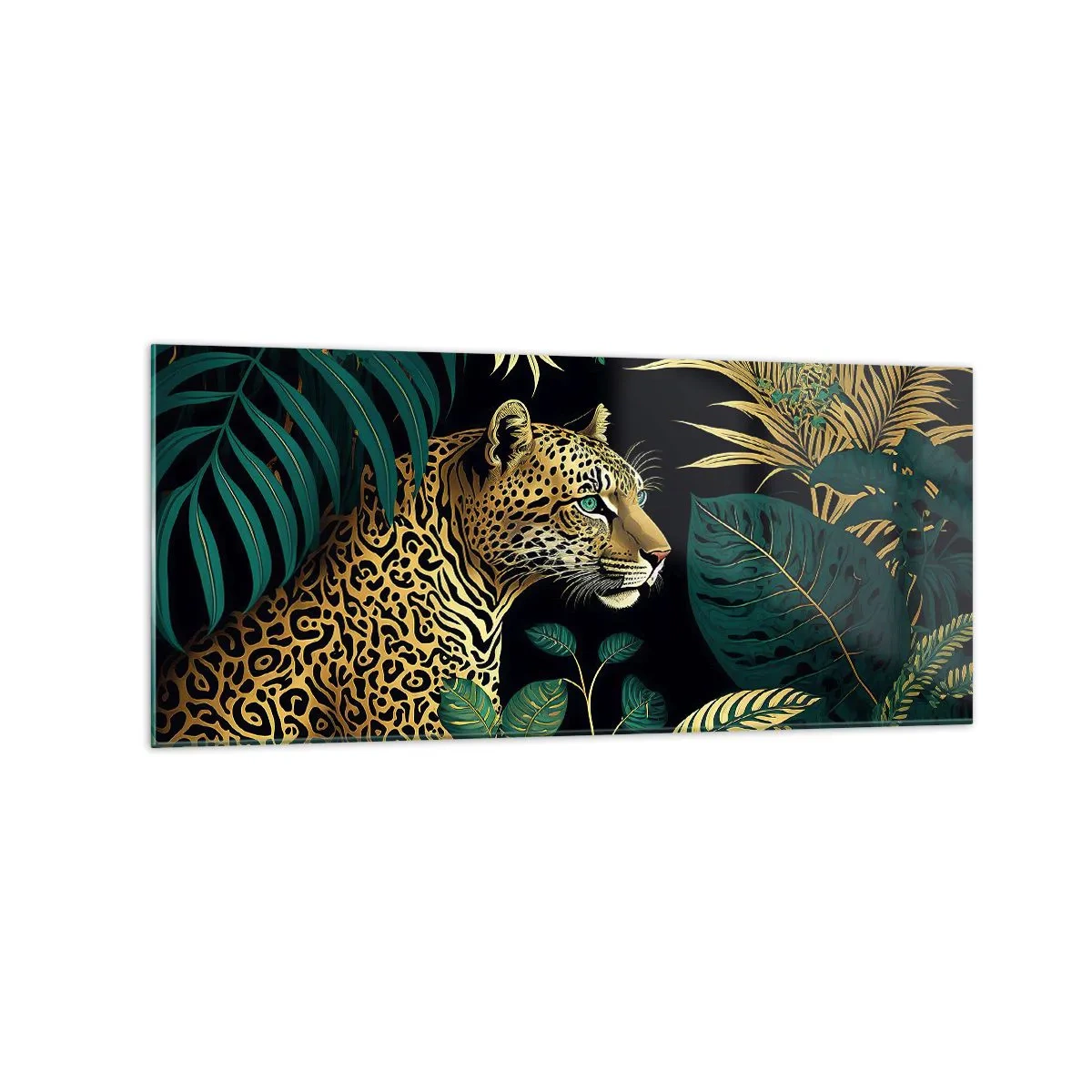 Impression sur verre - Image sur verre - Léopard dans des feuilles tropicales sur fond noir - 120x50cm - Un hôte dans la jungle - Décoration murale moderne pour le salon et la chambre ARTTOR