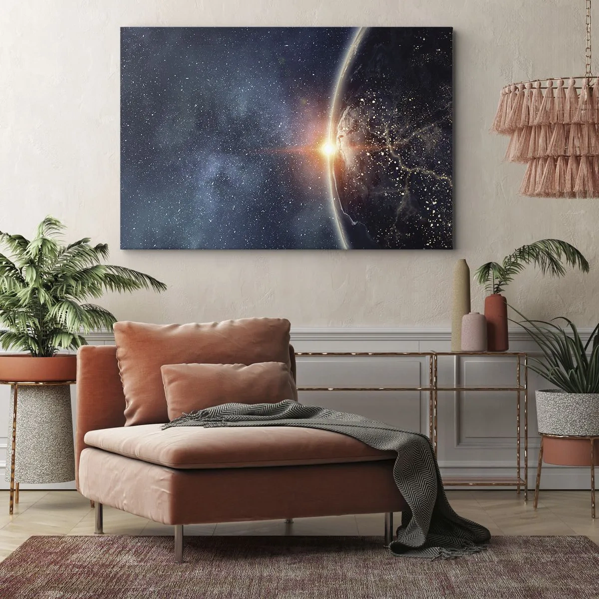 Impression sur toile - Image sur toile - La Terre vue de l'espace avec le soleil levant - 100x70cm - Dans une nouvelle perspective - Décoration murale moderne pour le salon et la chambre ARTTOR